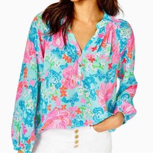 NEW Lilly Pulitzer Size Large Elsa Silk Too Surfe Blue Luscious Lions